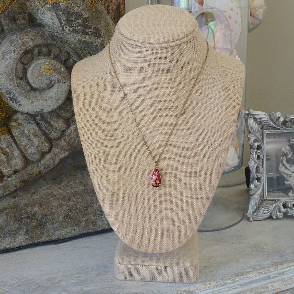 Vintage Floral Cloisonné Enamel Red Teardrop Pendant Necklace - Picture 2 of 7